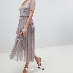 Embellished Mesh Midi Dress with Delicate Beading